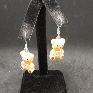 Yellow and Purple Dangle Earrings with Playful Teddy Bear Charms